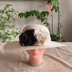 Elegant Cream Hat with Brown and Cream Velvet Floral Accents